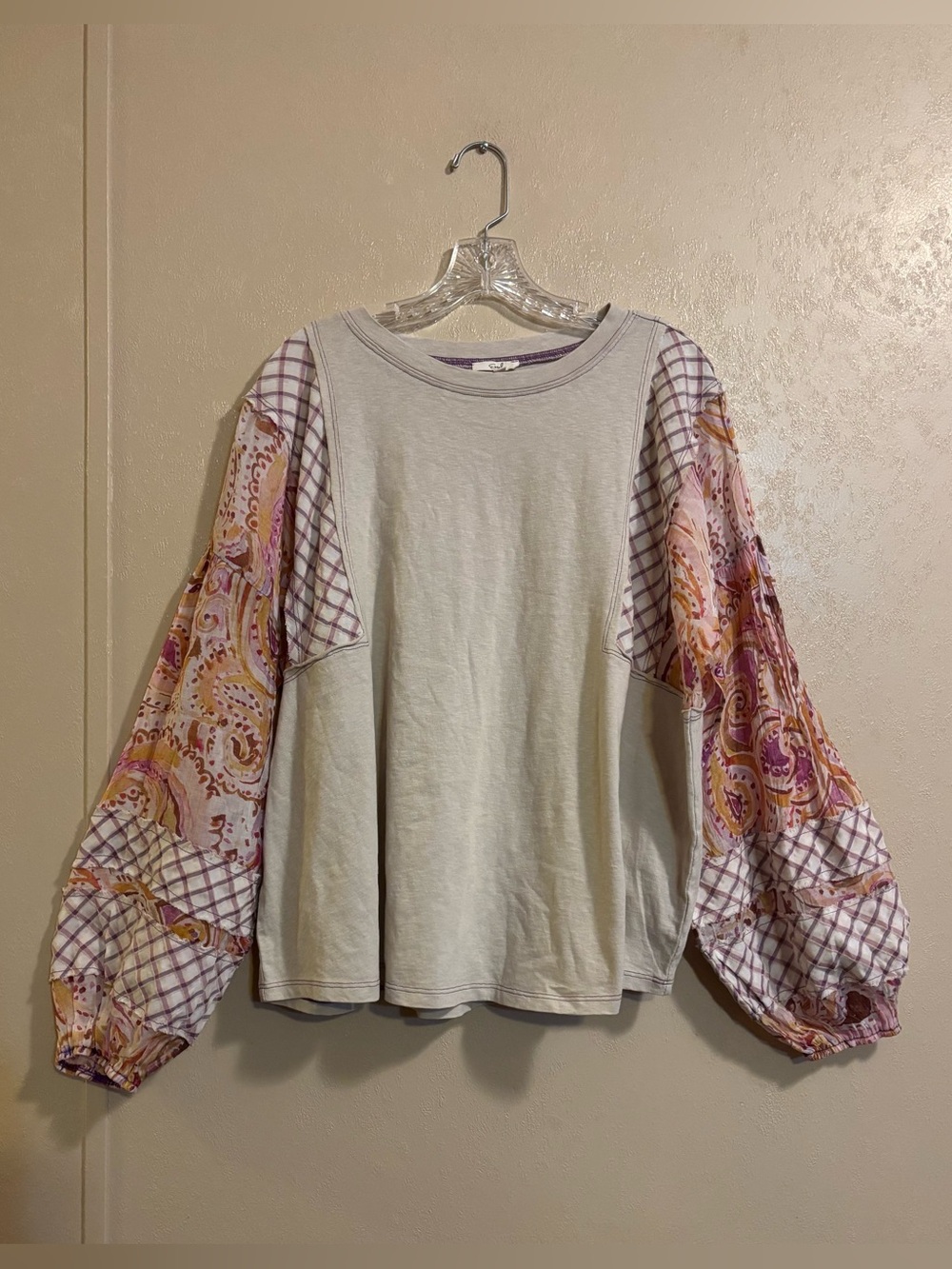 Easel women’s Boho Patchwork Puff Sleeve Top sz L